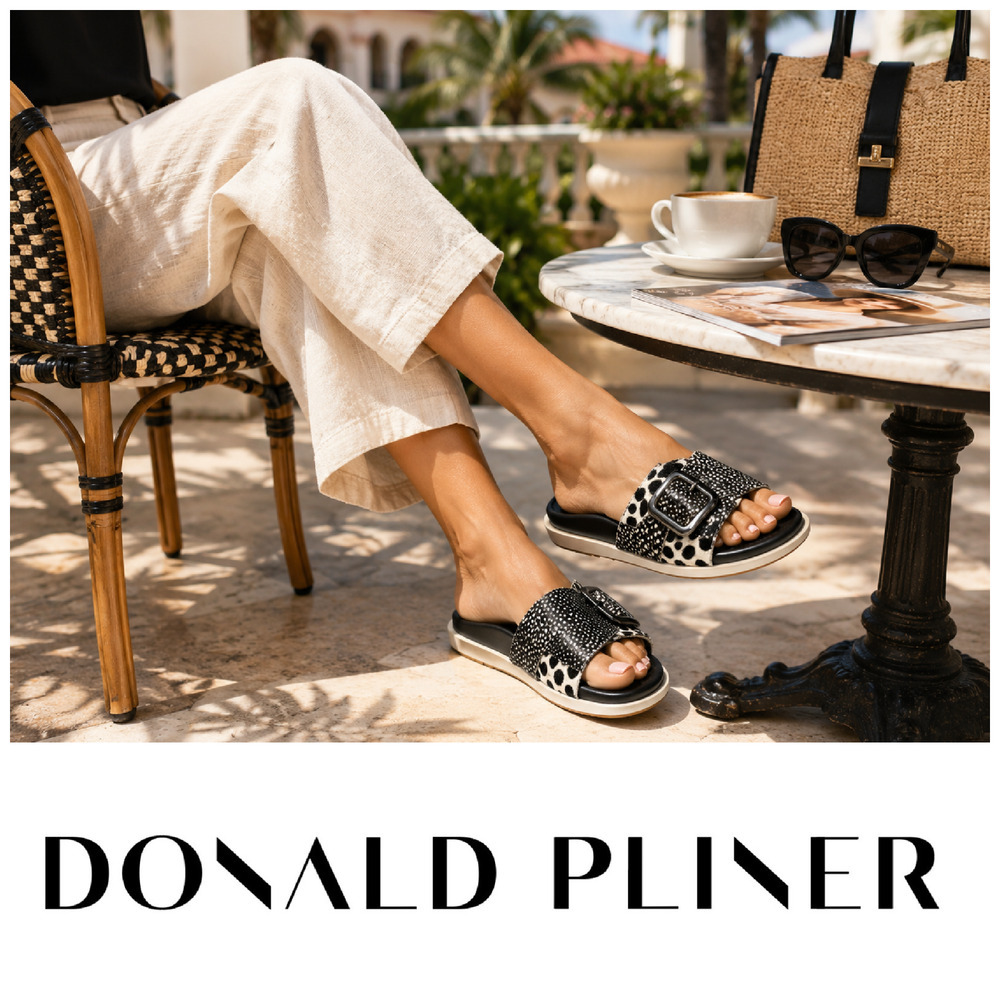 Donald Pliner Rini Haircalf Slide Sandals Black White Cowhide Buckle Sz 7.5
